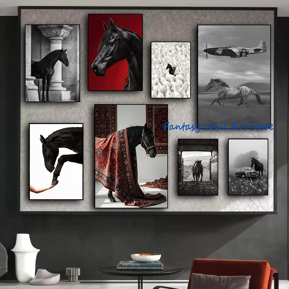 Luxury Lifestyle Homes Photos - Zwart paard foto's vintage luxe muurkunst